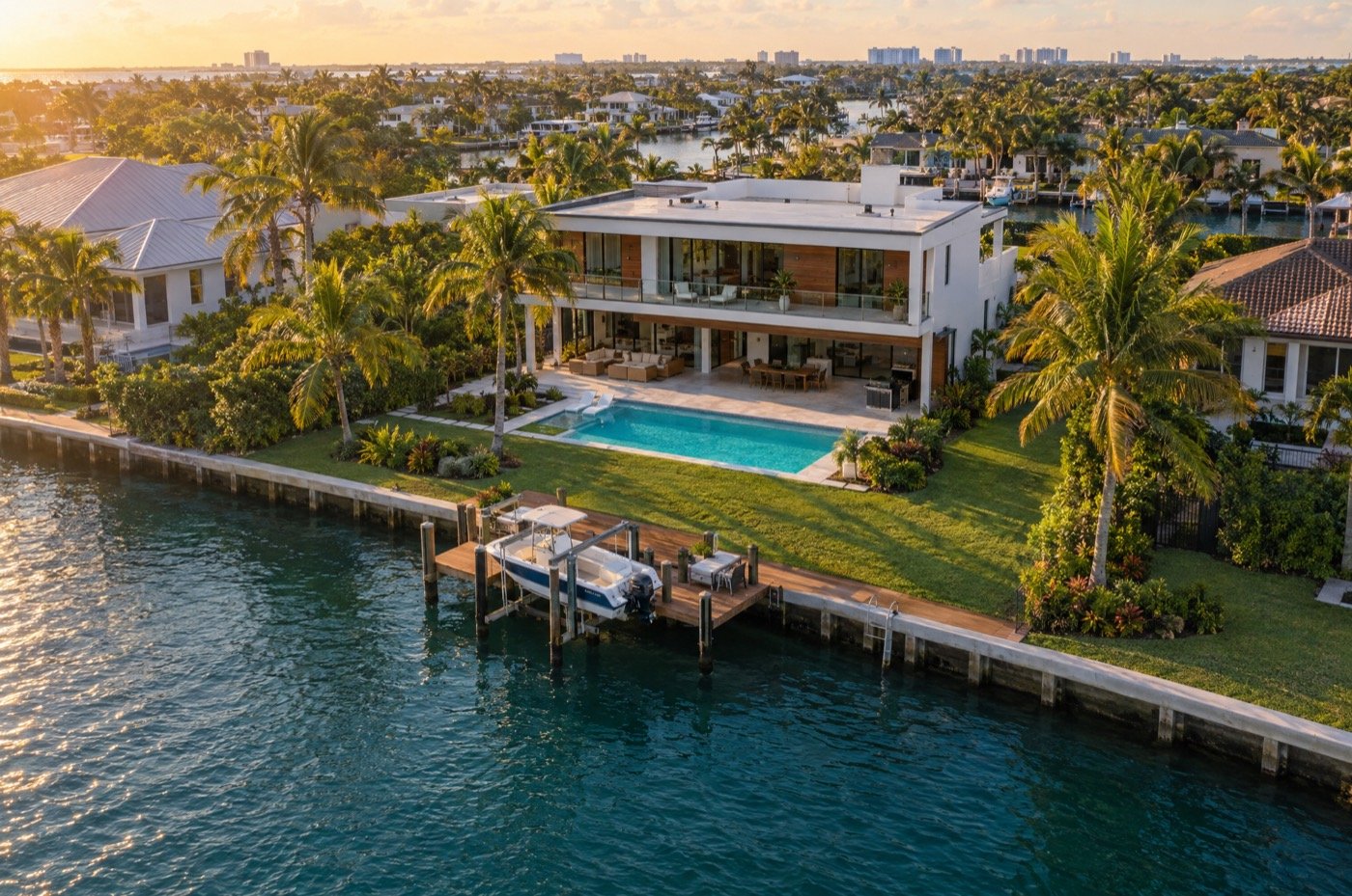 Aerial view of a modern waterfront home with a pool, lawn, and private dock on a canal